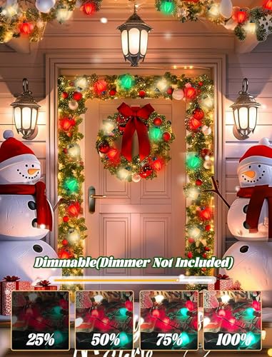 Image of C9 LED Christmas Lights Outdoor 25Ft Outdoor Christmas Decorations String Lights Waterproof with 26 C9 LED Red White and Green Bulbs, Hanging Vintage Christmas Light for Garden Party Pathway Roofline