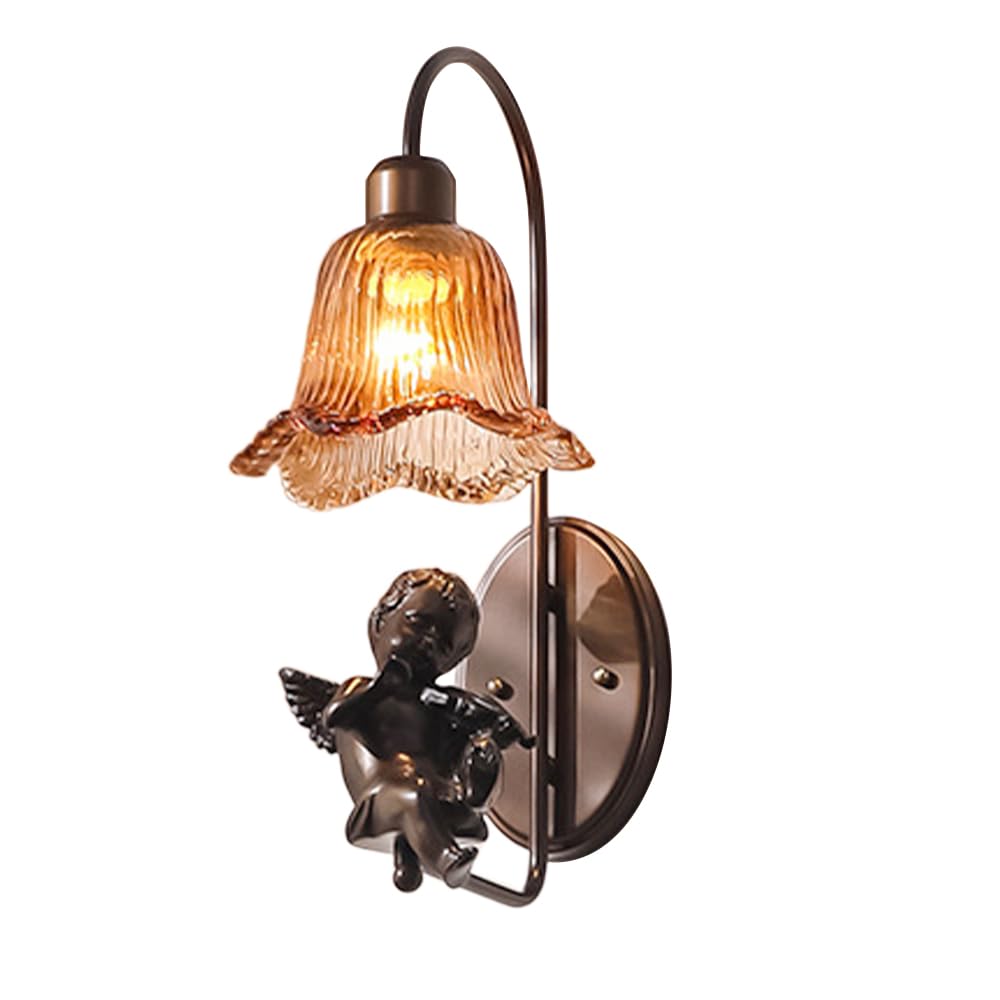 KXEcoLife Home Decor Wall Light Angel Lamp Amber Glass Brown Sconce Vintage Mounted E27 Lighting Fixtures for Bedroom Living Room Kitchen Hallway