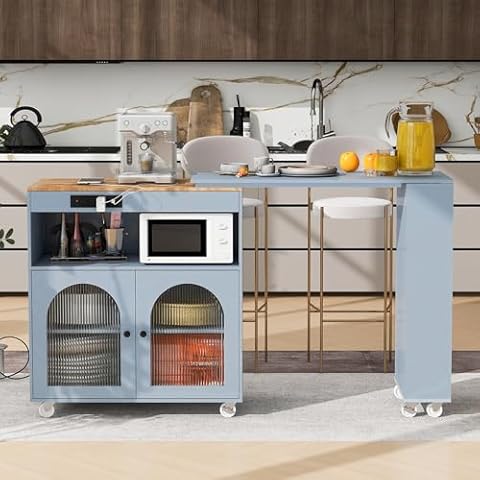 YIORTWO Kitchen Island Cart with Extended Table, Rolling Kitchen Island on Wheels with LED Lights&Power Outlets&Storage Compartment, Side Table with 2 Fluted Glass Doors and 3 Open Shelves,Grey Blue Cover