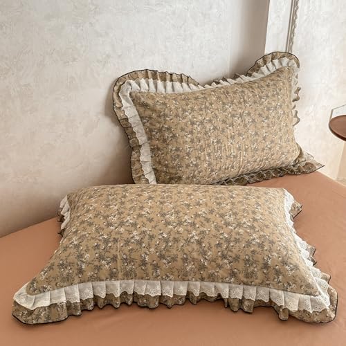 Image of VM VOUGEMARKET Cotton Muslin Duvet Cover Queen Vintage Tan Floral Bedding Set with Ruffles,Soft,Breathable Linen Like Gauze Comforter Cover with Zipper Closure 90 inchx90 inch