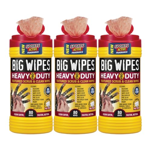 BIG WIPES Heavy Duty Industrial Hand Cleaning Wipes, Textured Scrubbing Degreaser Wipes for Mechanics and Tool Cleaner – 80 Count Canister (3 Pack)