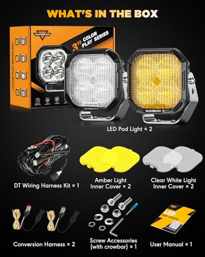 Image of Auxbeam Color Play 3 inch LED Pods 11600LM Flood Beam Offroad Driving Lights | White DRL / Amber Turn Signal, 100W Ultra Bright, 120 Wide Flood, IP68 Waterproof, for Jeep ATV UTV Truck, Swap Covers