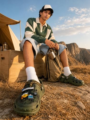 Image of Bacca Bucci x Discovery Camping Hero EVA Slides for Men, Marble Finish Clogs with Charms, Cushioned Lightweight Slip-On Sandals with Heel Strap