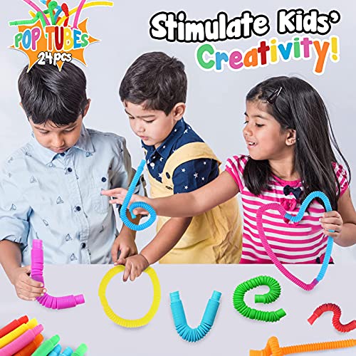Mini Pop Tubes Fidget Toy 24 Pack, Sensory Stretch Tubes Kit Stress Relief Toys For Kids, Fun Pop Tubes Bulk, Classroom Party Favors Prizes, Birthday Party Supplies,Fine Motor Skills For Toddlers #TOP5