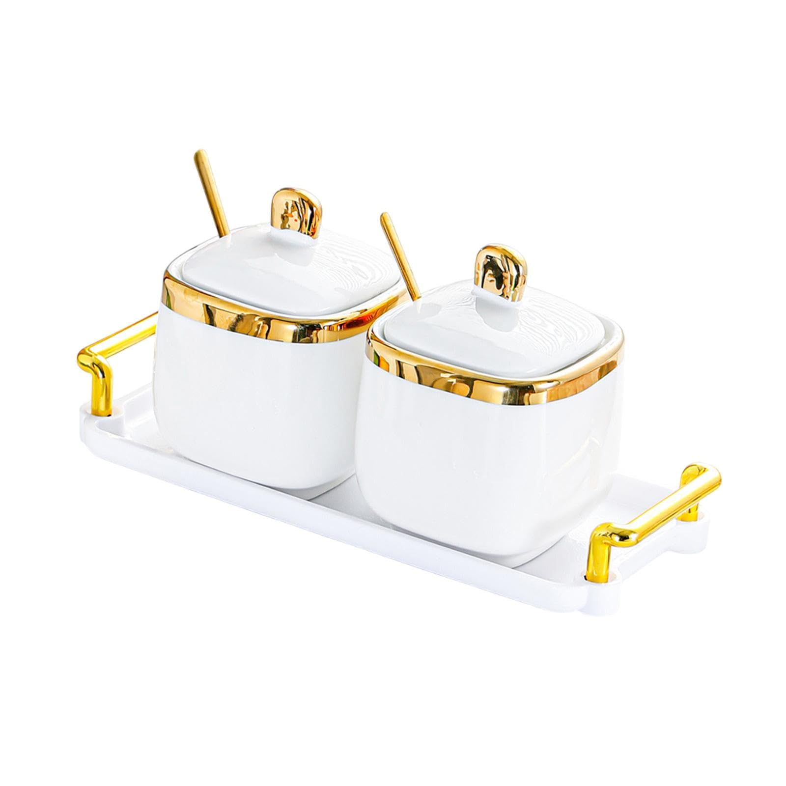 Porzellan Gewürzbehälter, Gewürzbehälter, Aufbewahrungsbox für Lebensmittel, Salz Zucker Behälter mit Löffel für Urlaub, Arbeitsplatte, Bar, Zuhause, 2 Gläser Gold