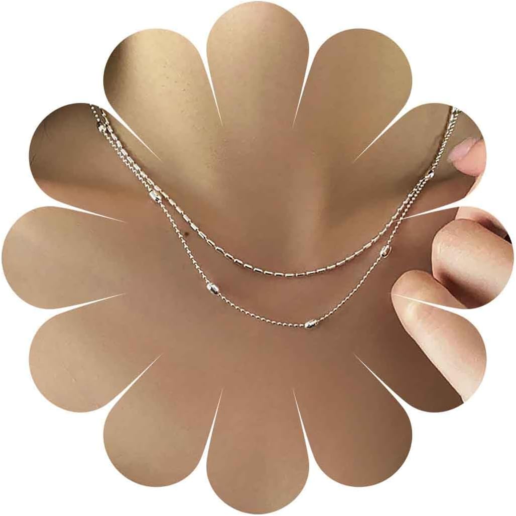 Boho Silver Layered Choker Necklace Layered Satellite Chain Necklace Rice Beaded Choker Necklace Bead Station Collar Necklace Jewelry for Women