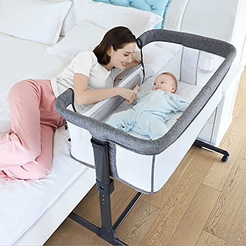 Image of ANRRO Baby Bassinet,Newborn Bedside Bassinet Bedside Sleeper Height Adjustable Portable Crib Easy Folding Bed Side Sleeper for Infant