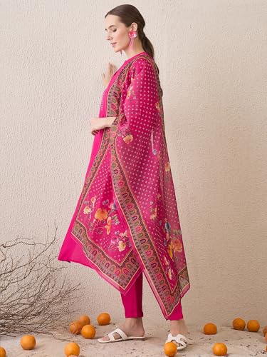 Image of INDO ERA Women's Straight Cotton Blend Ethnic Motifs Embroidered Kurta Pant With Dupatta Set