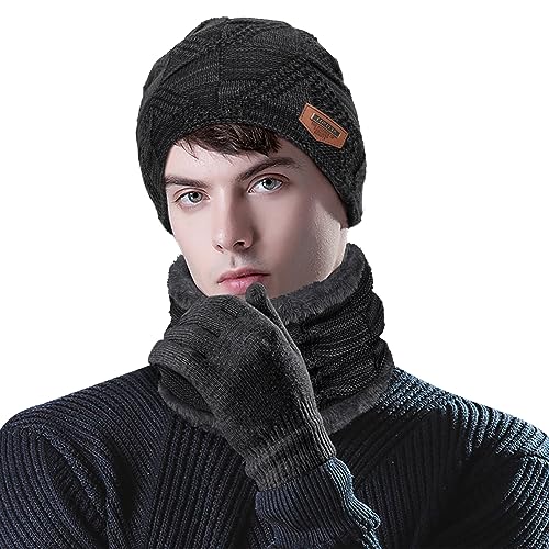 Image of Loritta Winter Hats for Men, 3 PCS Fleece Beanie Scarf Gloves Set