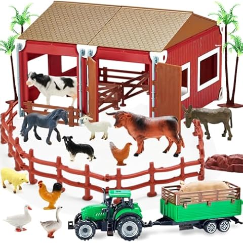 BOLZRA Mini Barn Farm Toys Playset, 66PCS Plastic Animals Figurines and Fence Farm Playset, Farm Figures Farmer Vehicle Toy Truck with Trailer for 3-12 Years Old Kids Boys Girls Toddlers Cover
