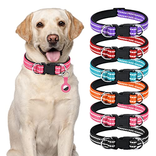 AUAUY Reflektierend Halsband Hund, Verstellbares Atmungsaktives Hundehalsband, Weich Gepolstertes Neopren Nylon Hunde Halsband mit AirTag-Hülle Doppel-D-Ring für Kleine Mittel Große Hunde(Rosarot-S)