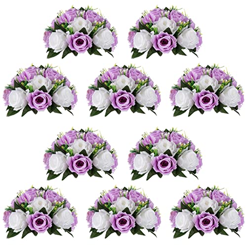 Image of NUPTIO Flower Wedding Centrepieces for Tables - 10 Pcs 9.5in Diameter Lilac & White Artificial Flowers Rose Ball for Centerpieces Table - Fake Rose Arrangements for Weddings Birthday Party Decor