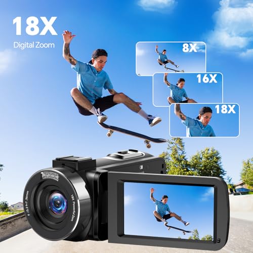 FIREFOTO Videokamera 4K Camcorder, 42MP Vlog Kamera mit 18x Digitalzoom & 3 Zoll 270° Drehbarem Display, YouTube Kamera mit LED-Fülllicht, Webcam-Funktion, 2 Akkus, 32GB SD-Karte und Fernbedienung – Bild 4