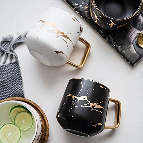 Classic Ceramic Kintsugi Style Coffee Tea Mug with Gold Inlay, Spoon and Bamboo Lid- 12 OZ, Set of 2- Large Mugs, Unique Design, Perfect Novelty Gift- Dishwasher Safe