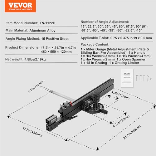 Image of VEVOR Precision Miter Gauge, Standard Slot 3 /4'' x 3 /8'', Aluminum Alloy Table Saw Miter Gauge with 19-35 in Grating 15 Angle Stops Adjustable Spring Loaded Plunger and Removable Disc, for Woodworking