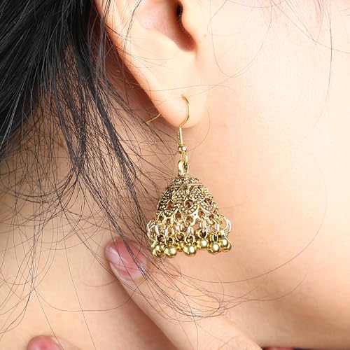 2 Pair Vintage Jhumkas Earrings 1.8'' for Women, Handmade Ethnic Antique Traditional Gold Plated Silver Earring - Small Indian Jhumki Jewelry Micro Earring Bell Tassel Drop Hanging Pendientes4
