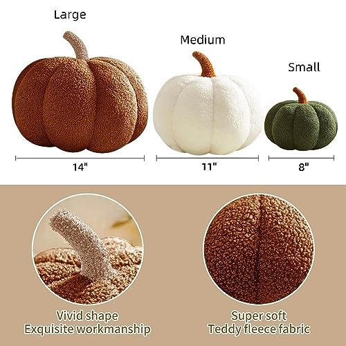 Srutirbo Teddy Fleece Pumpkin Throw Pillows Cute 3D Shaped Cushion Halloween Home Decoration (8in+11in+14 in, White+Green+Brown)