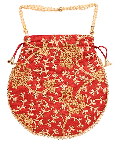 NEW! Touchstone Traditional Indian Hand Embroidered Floral Faux Pearls Strings Shopping Gifts Jewelry Wedding Sweet Distribution Drawstring Fancy Maroon Bag Purse Pouch For Women.