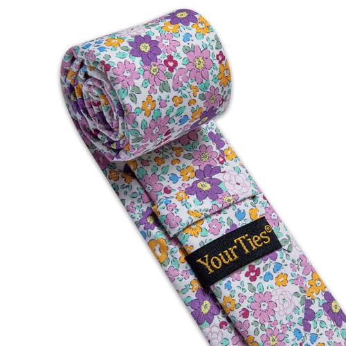 Image of YourTies Cotton Floral Tie for Men 2.5 inch Printed Skinny Necktie Pocket Square Tie Clip Set Flower Wedding Party Groom