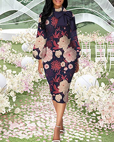 Image of Sexy Long Sleeve Dress for Women Solid Color Bow Knot Turtleneck Formal Gown Midi Casual Church Dresses