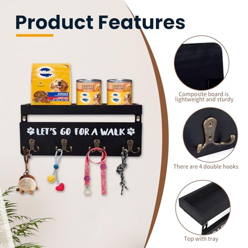 Dog Leash Holder for Wall, Dog Leashes Hangers for Wall Mount, Wood Dogs Leashes Holder for Wall with Four Double Key Hooks Leash Rack for Walls (Black) - Image 4