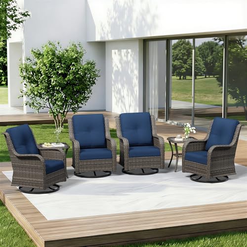 Image of 6 Piece Outdoor Wicker Patio Furniture Set, Outdoor Swivel Rocker Patio Chairs Set with Thickened Olefin Cushions, High Back and Deep Seating, Hand-Woven PE Rattan for Porch, Deck