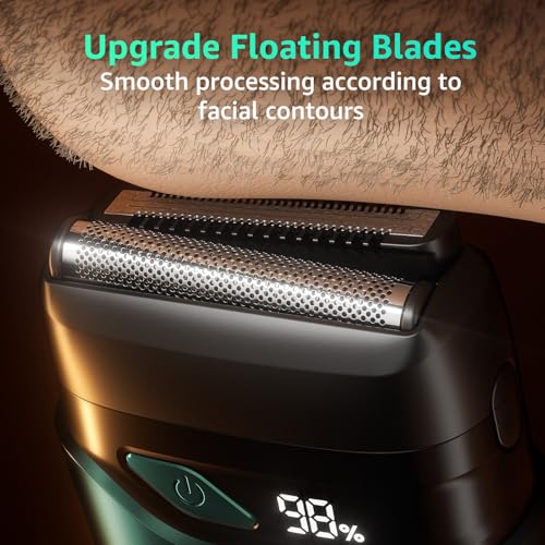 Electric Foil Shavers for Men, Mini Electric Razor, Compact Face Shaver, IPX7 Waterproof Wet Dry Cordless Razor, LED Display, USB-C Fast Rechargeable, Emerald Green