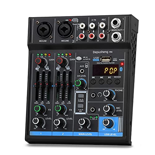 Depusheng M4 Profesjonalny mikser audio karta dźwiękowa konsola 4-kanałowy interfejs systemowy USB Bluetooth MP3 wejście komputera 48 V Phantom Power Stereo DJ Studio Streaming czarny