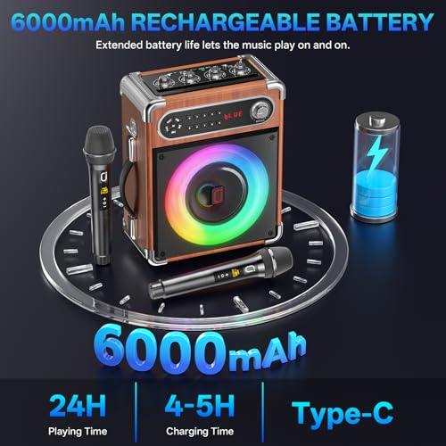 Image of JYX Karaoke Machine with Two Wireless Microphones, Portable Bluetooth Speaker with Bass /Treble Adjustment, PA System with Remote Control, LED Lights,Supports TF Card /USB /AUX /TWS