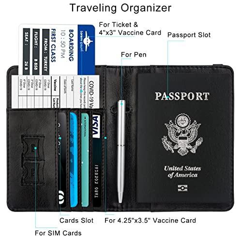 Image of WALNEW Passport Holder for Travel, RFID Passport Cover Wallet for Women Men, PU Leather Passport Book Card Holder Case with Pen, Travelling Essentials for Flying