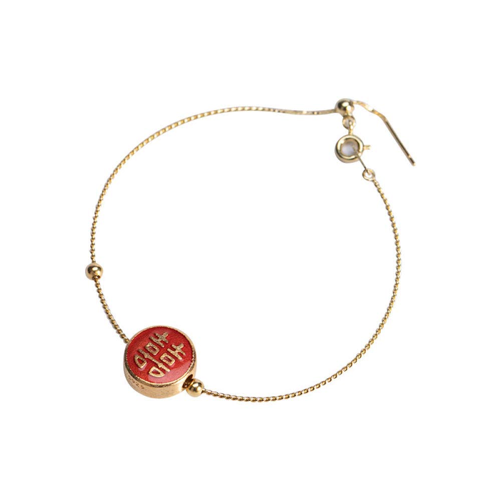 Girls Accessories Bracciale in Argento Sterling 925 Vintage per Donna Semplice Smalto Placcato Oro Cloisonne Stile Cinese Rosso Rotondo XI Classico Gioielli Fascino Spiaggia Estiva Birthday Gift