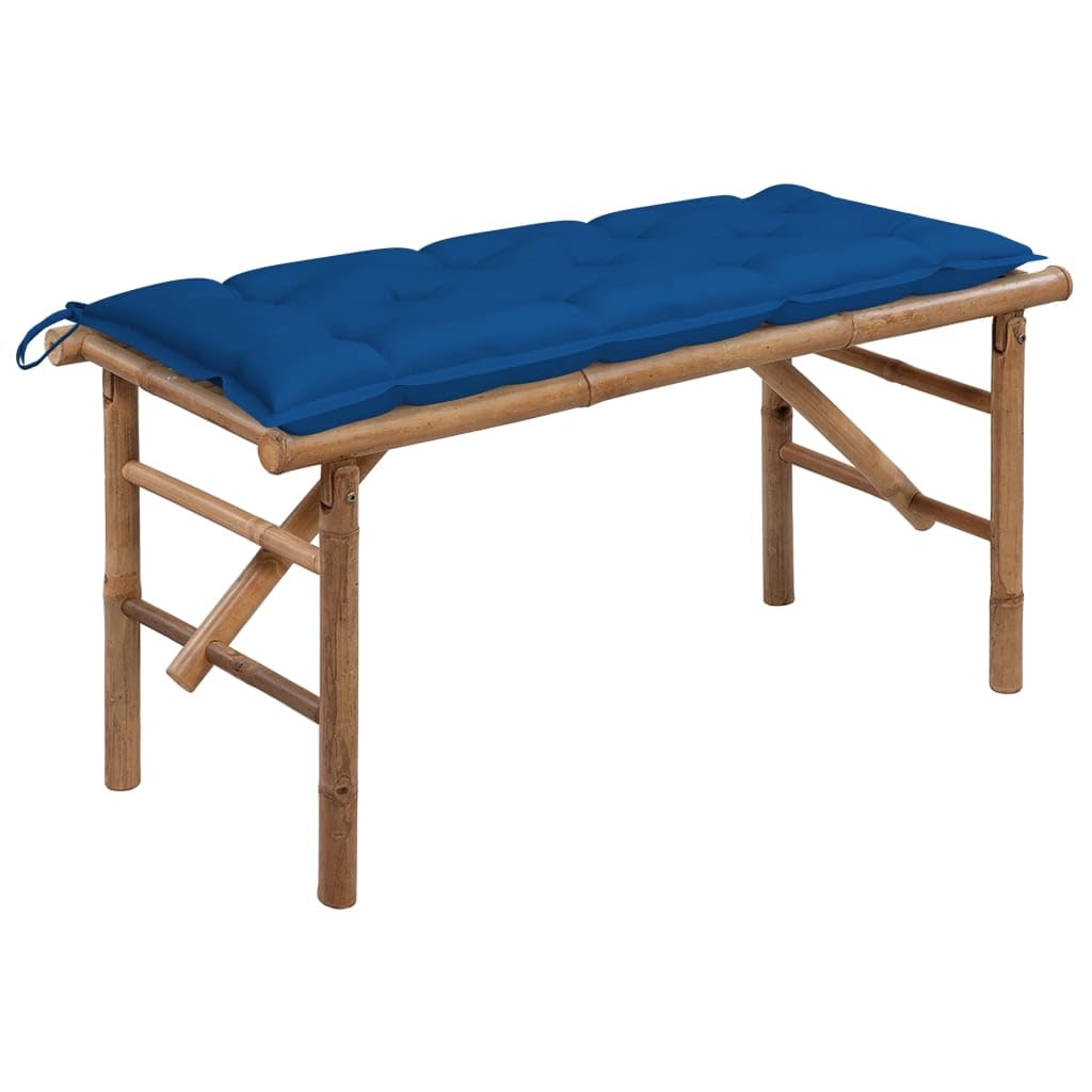 Banco de jardín plegable de bambú 118 x 38 x 45 cm con revestimiento azul resistente al agua de poliéster asiento para jardín, terraza, balcón