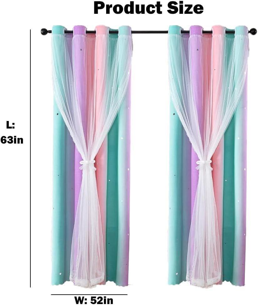 Accmuzzy 2 Panels Blackout Curtains for Bedroom,Double Layer Kids Curtain,Star Window Colorful Rainbow Curtain,Girl children Eyelet Curtains for Bedroom,Living Room,Nursery Room (Grey&Pink - Image 2