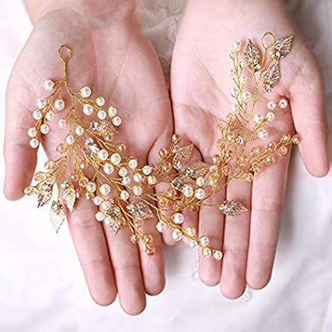 Handcess Diadema de boda con perlas y hojas doradas Cover