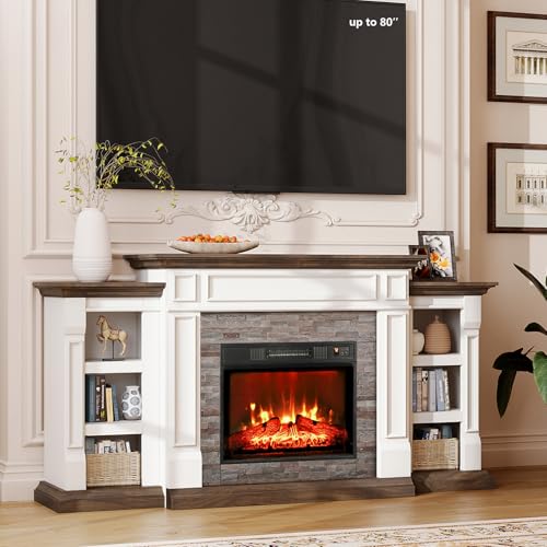 72" Electric Fireplace with Mantel, Fireplace TV Stand for TVs Up to 80 Inch, Farmhouse Entertainment Center with Storage, Realistic Stacked Stone Surround with Remote Control for Living Room,Bedroom