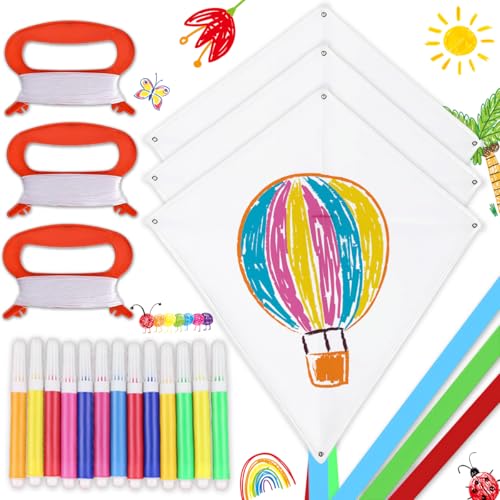 3pcs Aquilone Bambini, Kit Aquilone Fai Da Te, 60 x 70 cm aquilone Bianco,12 pcs Penna ad Acquerello per Ragazze Ragazzi Bambini Regalo Giochi All'aperto
