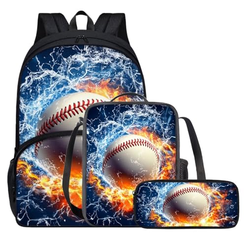 Softball Backpack for Kids 5-7 Lightweight Kids Backpack Cool Fire Teen Bookbag with Lunch Box Set 3pcs 17 Inch Teens School Bags for Kindergarden Preschool Casual Travel Daypack Rucksack3