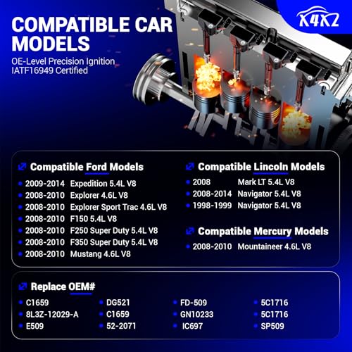 Image of DG521 Ignition Coils & SP509 Double Iridium Spark Plugs for 08-10 Ford F150 | F250 / F350 / Explorer / Mustang,09-14 Ford Expedition, 98-99 08-14 Lincoln Navigator, 08-10 Mercury Mountaineer C1659 FD-509