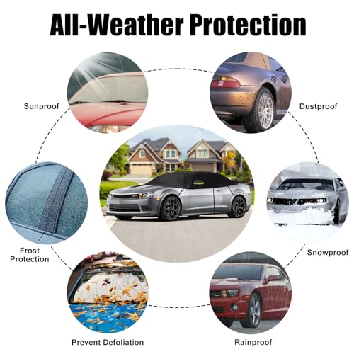 Image of Half Car Cover Compatible with Chevrolet Camaro 2010 2023, Winter Windshield Cover with Side Mirror Cover, Top Roof Protector for Snow Ice Hail Rain Sun Protection