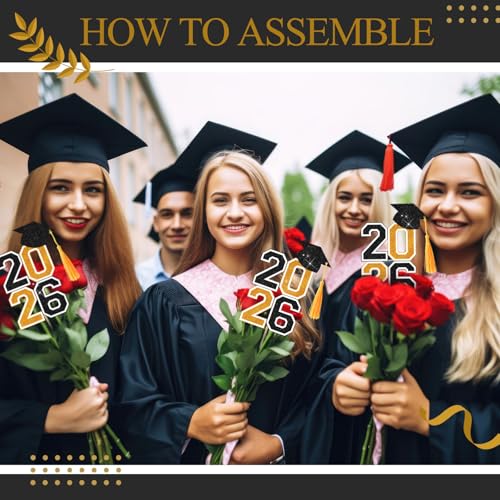 Image of 10 Pcs Graduation Table Centerpieces Sticks with Tassels, class of 2026 Grad Cap Picks Table Decoration Cupcake Toppers for Party Centerpiece Decoration Supplies(Black and Gold)
