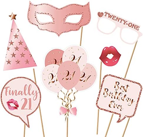 21st Birthday Party Photo Booth Props and Signs, Rose Gold 21 Birthday Party Selfie Props Kit with Sticks for Girls Women, Twenty one 21st Happy Birthday Party Decorations Supplies Favors