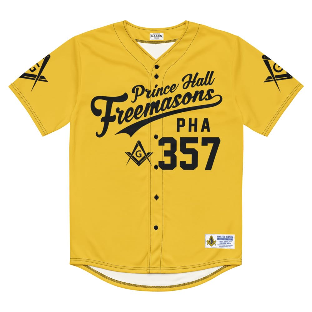 Vinson MFG PHA Prince Hall Baseball Jersey, Masonic Shirt, Freemason Sports Jersey, Black/Gold 2XS-6XL