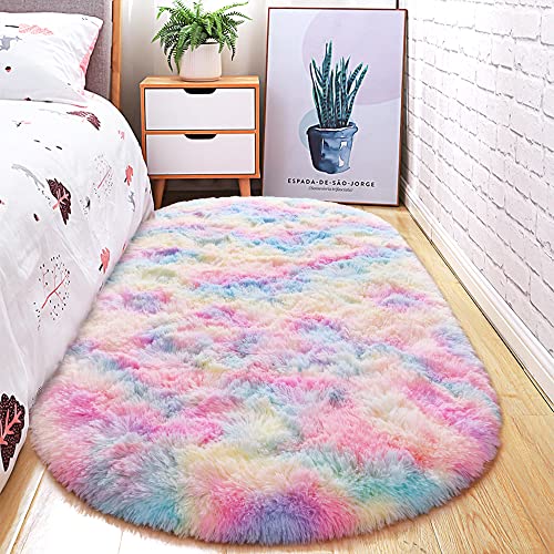 Image of junovo Ultra Soft Washable Shaggy Rug - Non-Slip Oval Carpet for Nursery, Kids Bedroom & Home Decor (2x5ft Tie-Dye Rainbow) | Plush Fluffy Floor Mat for Cozy Living Spaces