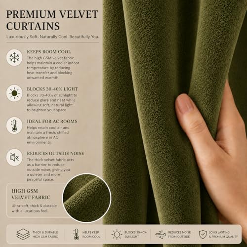 Image of Velvet Curtains | Heavy Soft Premium Velvet Drapes for Bedroom and Living Room | Semi Light Blocking, Thermal Insulated and Noise Reducing Door Panels | 7 Feet, Set of 2 (Green)