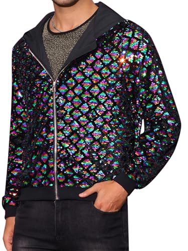 Image of Lars Amadeus Argyle Multicolor Sequins Jackets for Men's Long Sleeves Metallic Shiny Hooded Disco Jacket Small