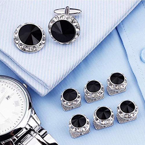 Crystal Cufflinks And 6 Tuxedo Studs Set For Men's Tuxedo Shirt And Women - Wedding Party Accessories - Business Wedding Accessories(Black) #TOP2