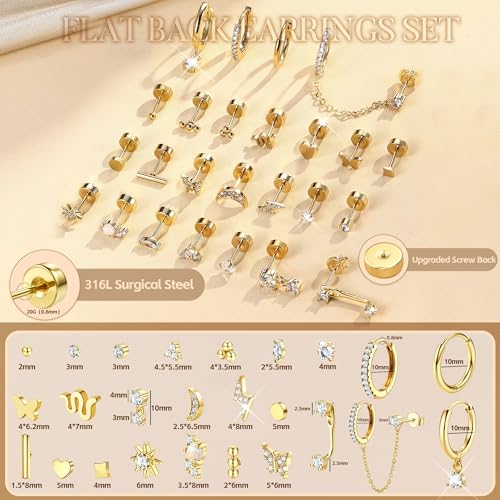 MILACOLATO Trendy Flat Back Earrings Set for Women - Hypoallergenic Surgical Steel Cartilage Studs for Sensitive Ears - 25Pcs Collection - Image 6