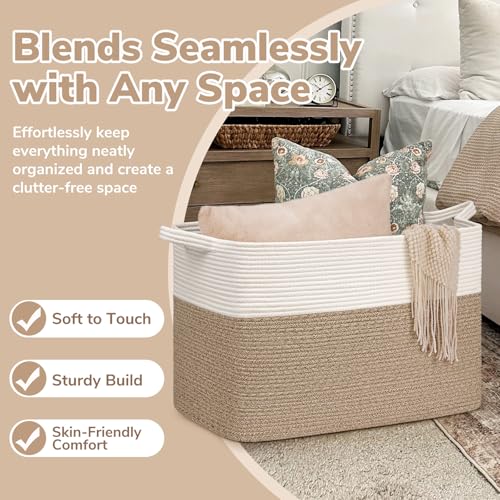 Image of Goodpick 105L Extra Large Woven Rope Blanket Basket, White & Light Brown