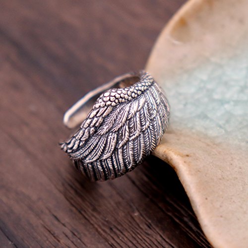 Retro Vintage 925 Sterling Silver Black Angel Wing Ring Feather Ring For Men Women Open And Adjustable #TOP2
