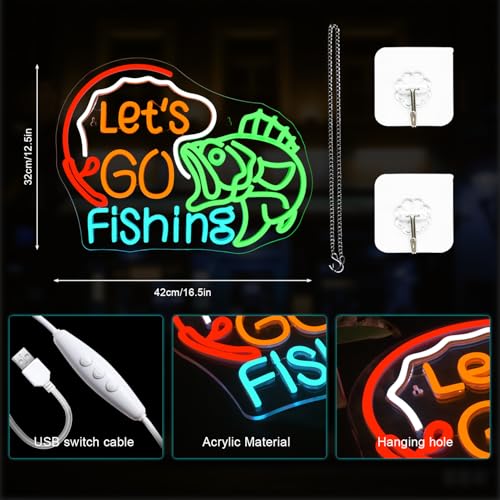 Image of Lucunstar Let's Go Fishing Neon Sign Dimmable Fish Neon Light for Wall Decor LED USB Powered Fishing Hook Lights for Bedroom Living Room Man Cave Yacht Decor Men Gifts